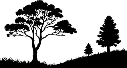 A scene with silhouetted trees, a small hill, and a score display at the bottom.
