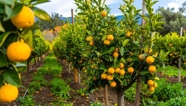 A vibrant orchard showcases rows of citrus trees laden with ripe, golden fruit, basking in daylight.