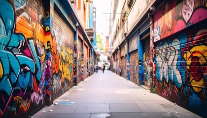 Fototapeta premium Narrow urban alleyway showcasing vibrant graffiti art on walls, with people walking in the distance.