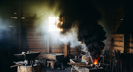 interior view of a rustic blacksmith's wooden cabin engulfed by a cloud of dark smoke from the forge
