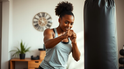 african american woman striking punching bag in home gym