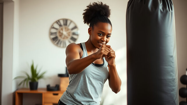 african american woman striking punching bag in home gym