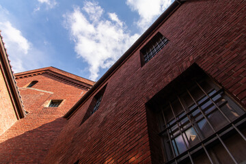 low angle view of the old red brick building