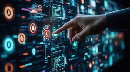 A hand interacting with a digital interface displaying security icons and code snippets in a dark setting