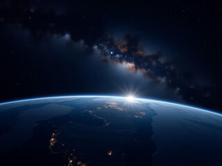 Naklejka premium Lever de soleil majestueux sur la Terre, illuminant l’espace infini et la Voie lactée.