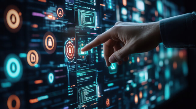 A hand interacting with a digital interface displaying security icons and code snippets in a dark setting - Powered by Adobe
