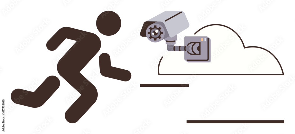 Poster simplified figure running from monitoring camera connected to a cloud. ideal for privacy, security, 