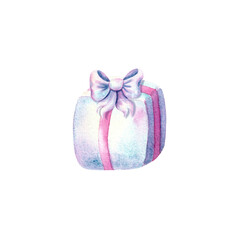 Gift box with a bow in pastel shades in naive style. Watercolor hand drawn illustration on isolated white background for holiday design