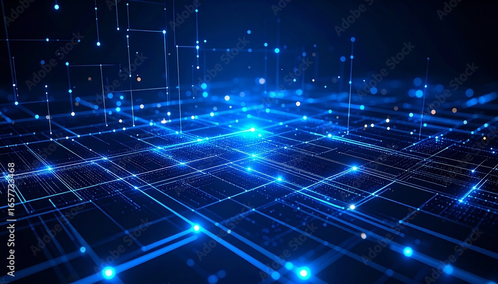 Leinwandbilder abstract digital network with glowing lines and connected data points in blue.