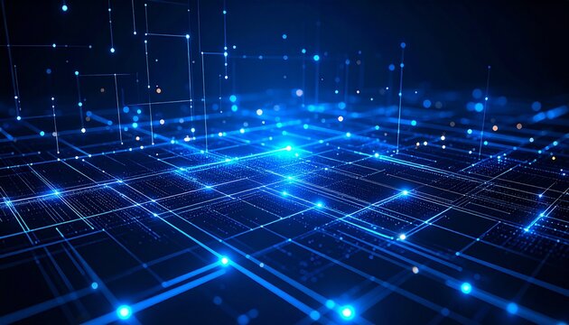 Abstract digital network with glowing lines and connected data points in blue.