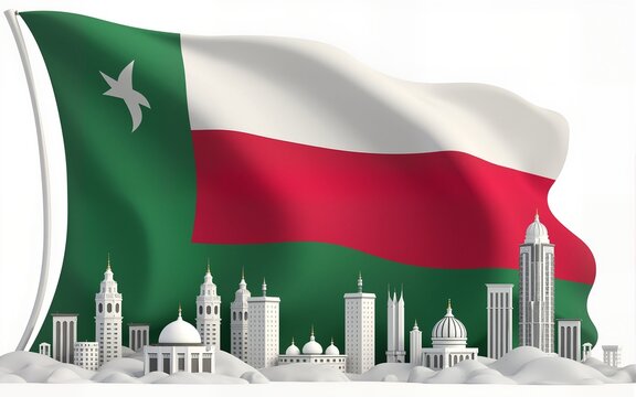 Oman national flag waving with skyline and buildings. Oman national flag for independence day. High quality
