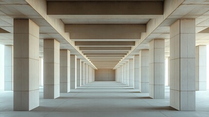 Photorealistic image of empty open space with symmetrical columns showcasing architectural design and structure of concrete beams