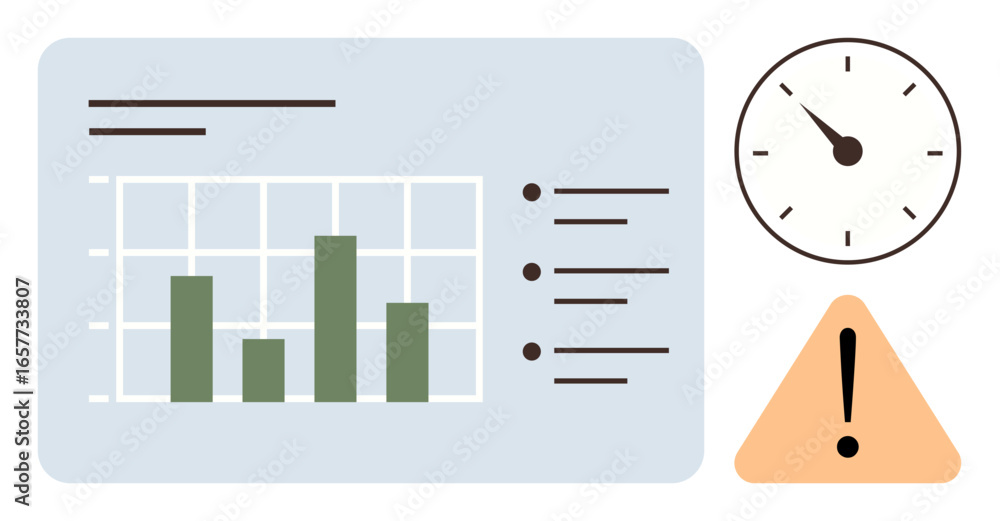 Poster bar graph on a dashboard with clock showing urgency and warning triangle signaling risk. ideal for a