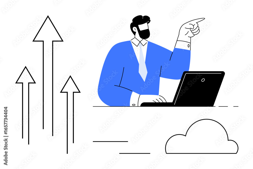 Aufkleber man in formal attire working on laptop, gesturing toward upward-pointing arrows representing success