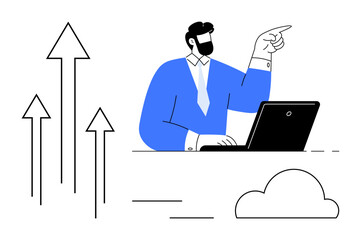 Man in formal attire working on laptop, gesturing toward upward-pointing arrows representing success, growth, and innovation. Ideal for business, leadership, planning, success, growth strategy