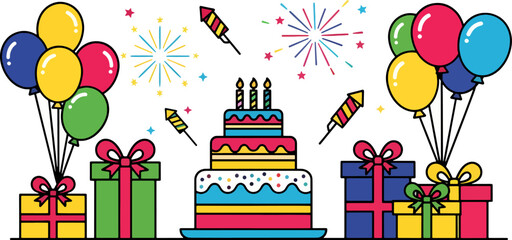 Fototapeta premium Festive vector illustration of a birthday celebration with cake, candles, and fireworks, suitable for party invitations, greetings, and celebration designs