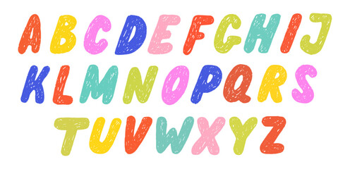 Crayon Drawn Bold Alphabet Capital Letters. Colorful font with hand draw pencil texture