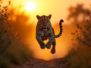 Léopard bondissant à toute vitesse dans la savane au coucher de soleil flamboyant