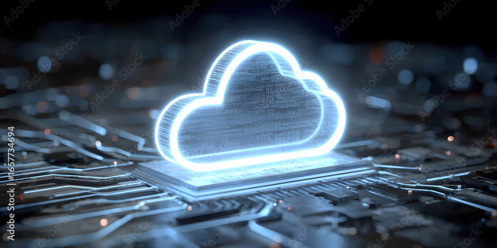 Aufkleber glowing cloud icon on circuit board, representing cloud computing technology