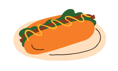 Hot dog with sausage and green lettuce between long buns. American fast food, snack on plate. Hotdog with meat and vegetables, mustard sauce. Flat vector illustration isolated on white background