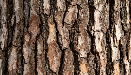 Obraz premium Close-up view of a tree trunk's textured bark, showcasing intricate patterns of varied shades of brown and grey.
