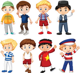 Diverse group of cartoon children in casual and themed outfits waving hello and smiling cheerfully vector