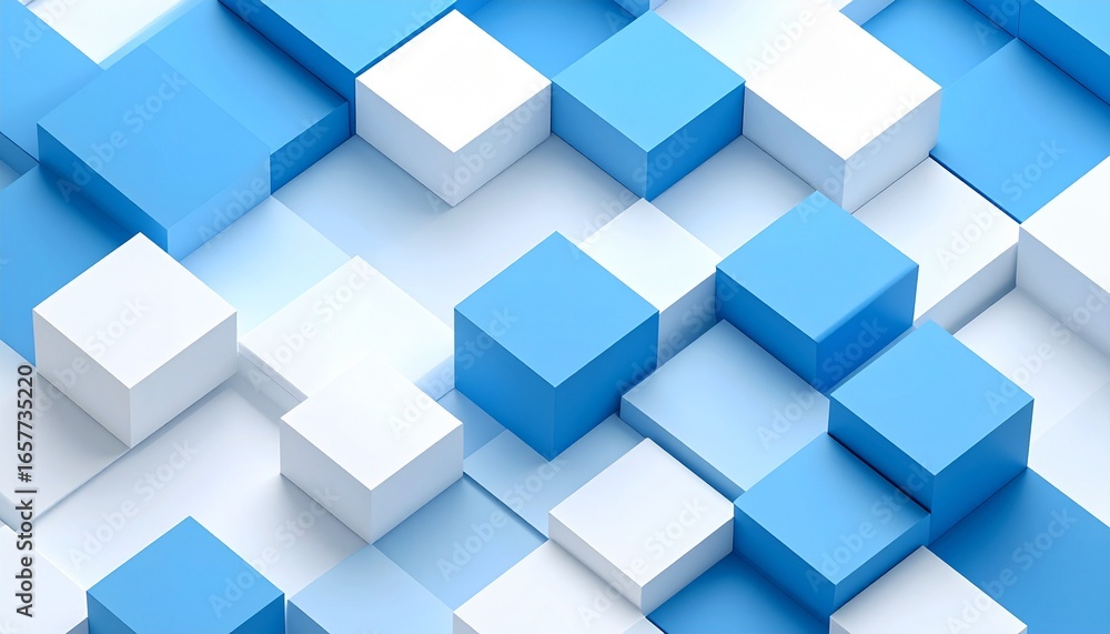 Poster a geometric abstract composition featuring a tessellated pattern of alternating blue and white cubes