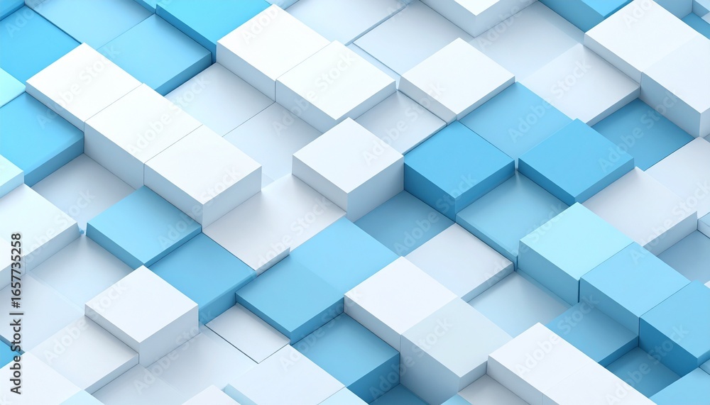 Poster an abstract geometric pattern of light blue and white cubes arranged in a dynamic, three-dimensional