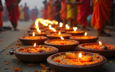 Chhath puja offerings arranged on the ground. High quality