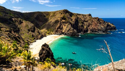 A secluded, tropical beach nestled within a dramatic rocky cove, bathed in vibrant sunlight and turquoise water.