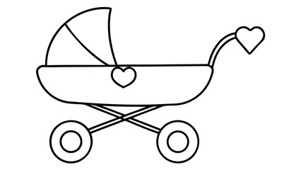 Minimalist single line vector illustration of a charming baby carriage featuring delicate heart accents, ideal for nursery decor or new parent designs.