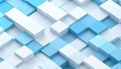 An abstract geometric pattern of light blue and white cubes arranged in a dynamic, three-dimensional grid, creating a sense of depth and order.