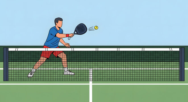 A man in athletic attire hitting a tennis ball over the net during a game.
