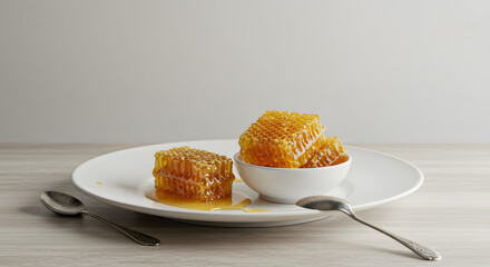 Elegant Kitchen Setup with Plate, Spoon, and Honeycomb Bowl png