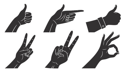 Set of 6 Hand Gestures Silhouettes on White Background, Including Thumbs Up, Pointing, Victory, and OK Symbols for Various Communications