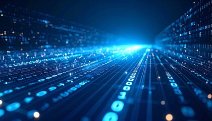 Abstract digital data stream with binary code flowing through a futuristic tunnel, glowing brightly.