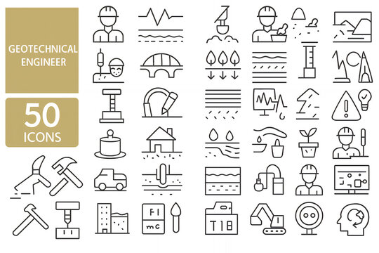 Geotechnical Engineer Line Icon Set &ndash; Soil Testing, Foundations, Slope Stability, Site Investigation & Groundwater