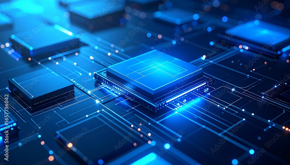 Poster close-up of a circuit board with a central microchip illuminated in bright blue, showcasing intricat
