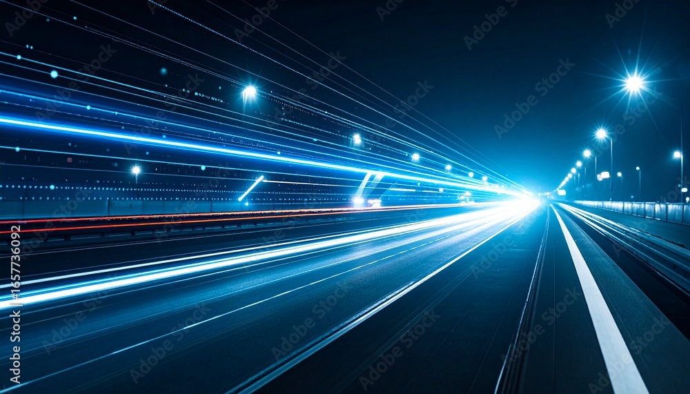 Poster long exposure shot of a highway at night with light trails from passing vehicles creating a sense of
