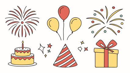Celebrate! Festive Party Icons Balloons, Cake, Fireworks, Gift, Party Hat