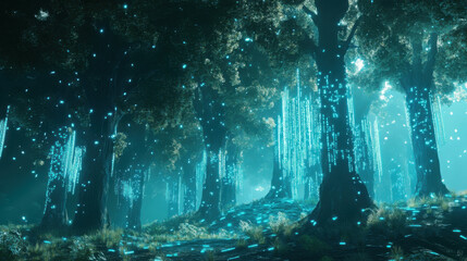A glowing forest with ethereal lights and tall trees casting shadows in a mystical atmosphere