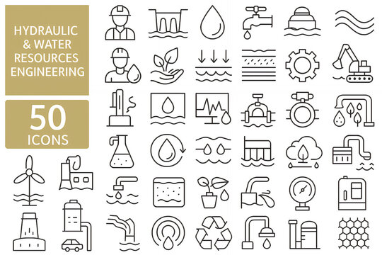 Hydraulic & Water Resources Engineering Line Icon Set &ndash; Water Supply, Hydrology, Irrigation & Treatment
