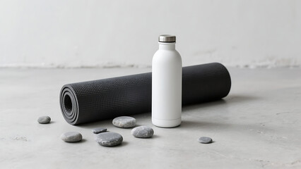 White water bottle and black yoga mat with grey stones on concrete floor, minimalist wellness and fitness concept