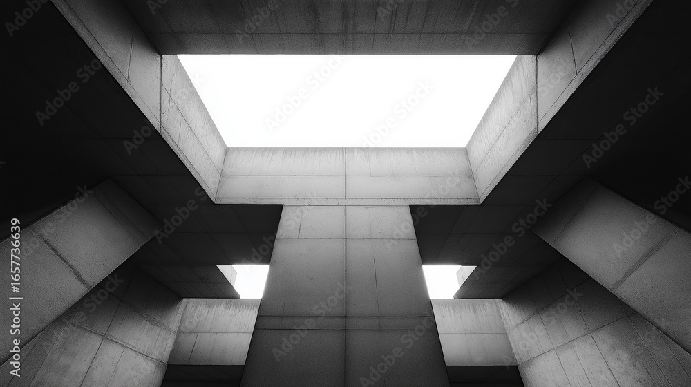 Poster black and white photograph of open space with symmetrical geometric shapes and large skylight castin