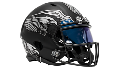 A black football helmet with an eagle design isolated on transparent background, showcasing protective gear for sports and athletic competition, emphasizing safety and style