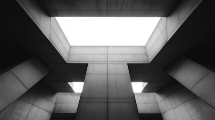 Black and white photograph of open space with symmetrical geometric shapes and large skylight casting soft light on clean concrete walls