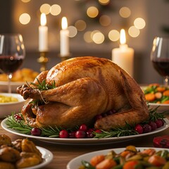 Roasted whole turkey with vegetables and candles