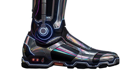 A futuristic cyberpunk boot isolated on transparent background, showcasing advanced technology and armor design for scifi, robot, and mechanical themes