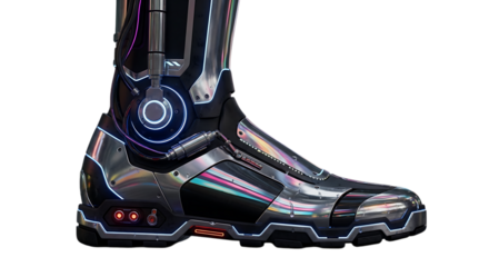 A futuristic cyberpunk boot isolated on transparent background, showcasing advanced technology and armor design for scifi, robot, and mechanical themes
