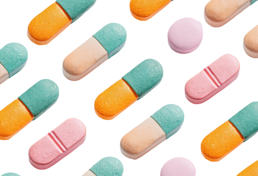 Colorful pills arranged diagonally on a black background.  Various pastel shades of orange, pink, and teal.  Divided oblong shapes, some with a visible dividing line.  Geometric pattern